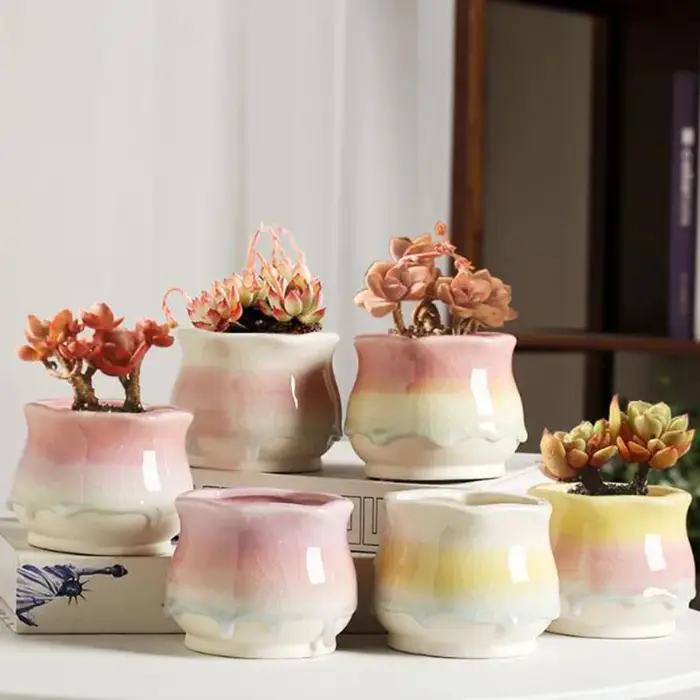 Pot à succulentes en céramique émaillée effet dégradé craquelé