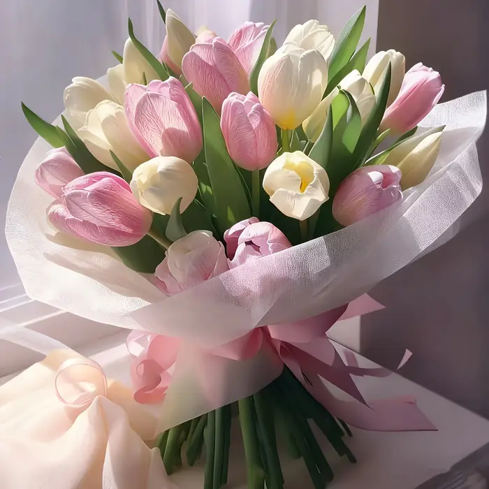 Ensemble de 12 tulipes artificielles réalistes crème et roses