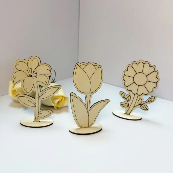 Lot de 6 pièces/1 ensemble de fleurs en bois à peindre soi-même