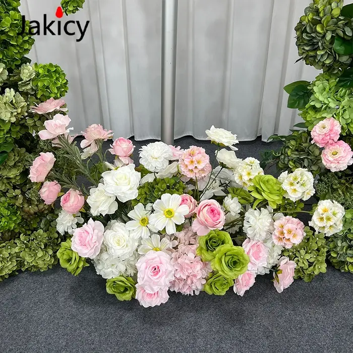 Décoration florale en rangée pour mariage, rose, pivoine, hydrangea vert, rose et blanc, fournitures pour scène d'événement, affichage de fenêtre photo, panneau KT