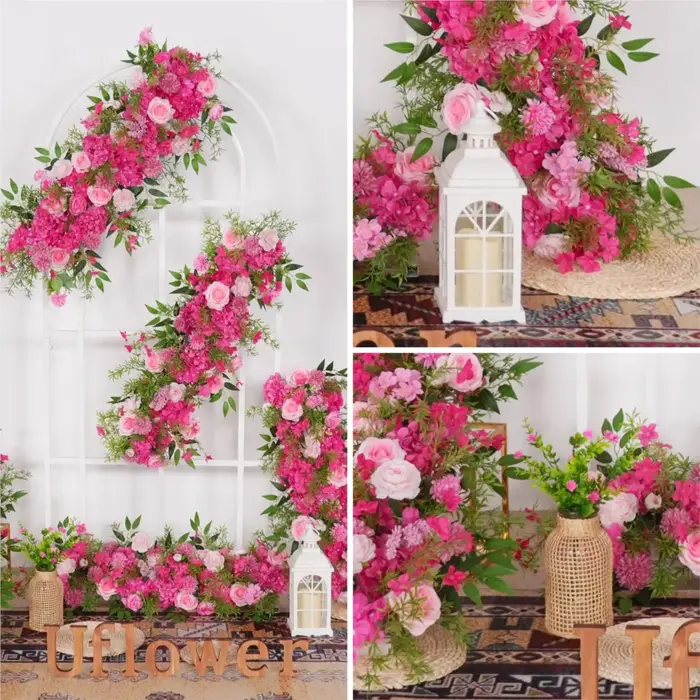 Uflower 100/200cm Guirlande de fleurs de roses rouges et d'hortensias pour centre de table