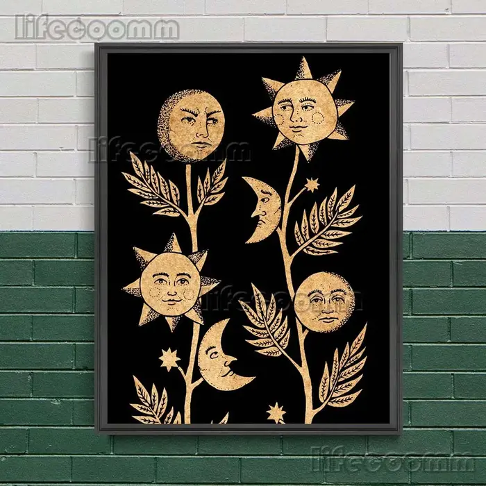 Affiche d'art avec plante pleine de soleil et de lune