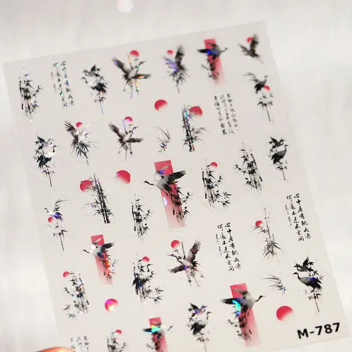 Fleur de pêcher pie branche oiseau bleu papillon rose fleurs pétale charmant 5D Nail Art autocollant adhésif doux manucure décalcomanie bricolage