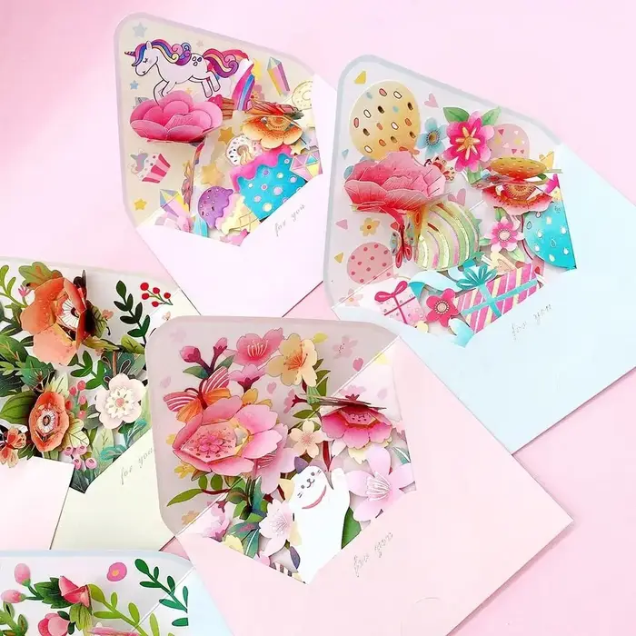 Carte postale à fleurs pop-up 3D avec enveloppe