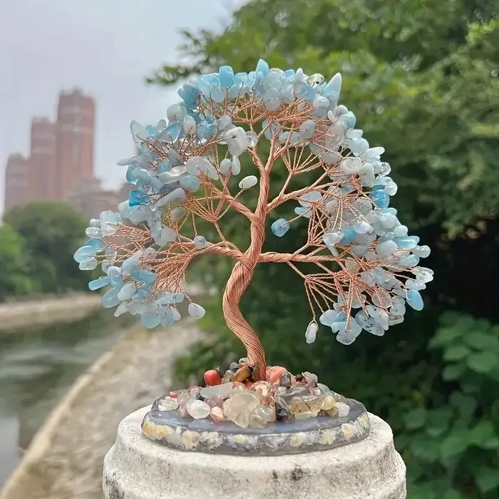 Arbre d'argent aigue-marine en pierre brute de cristal, décorations en cristal exquises pour la mais