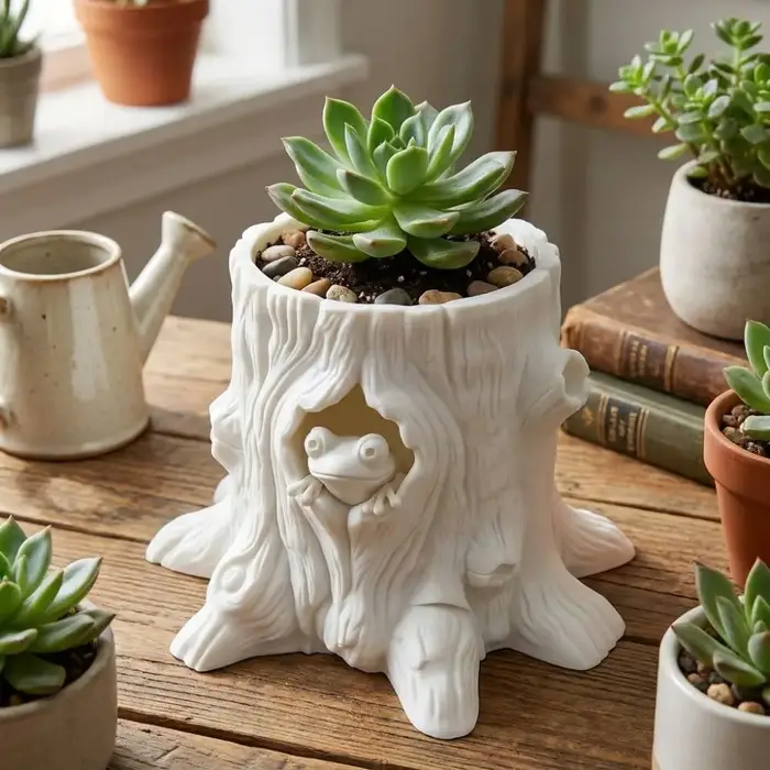Pot de fleurs décoratif en forme de grenouille, imprimé en 3D, unique, en forme de tronc d'arbre, original, pour bureau.