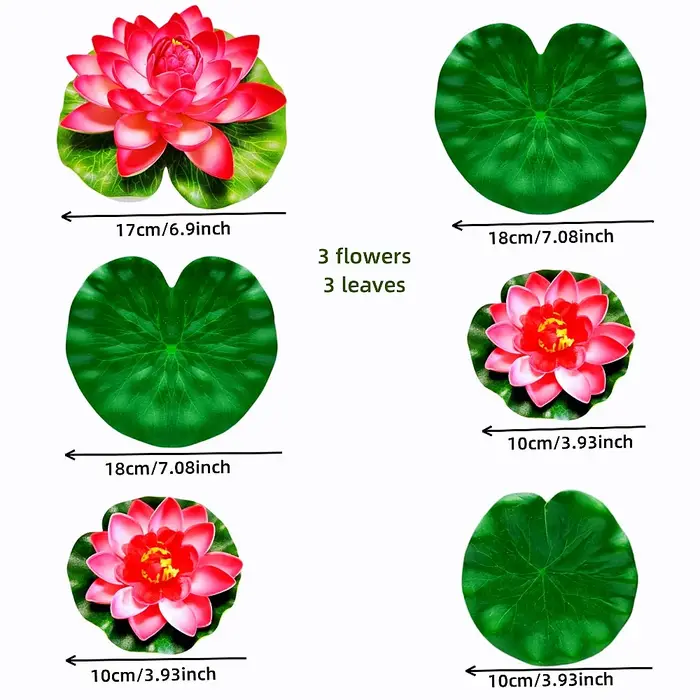 Lotus artificiel 3 fleurs et 3 feuilles, Lotus en mousse flottante d'eau réaliste, faux coussin de l