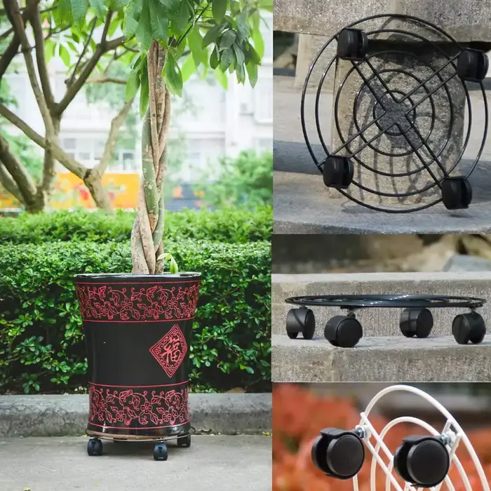 Plateau de Pot de plante de fleur rond en métal noir, 4 tailles, 4 roues, jardinière lourde, Pot de 
