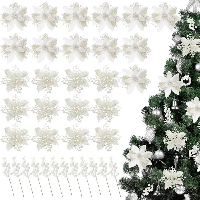 Tiges de fleurs artificielles blanches à paillettes