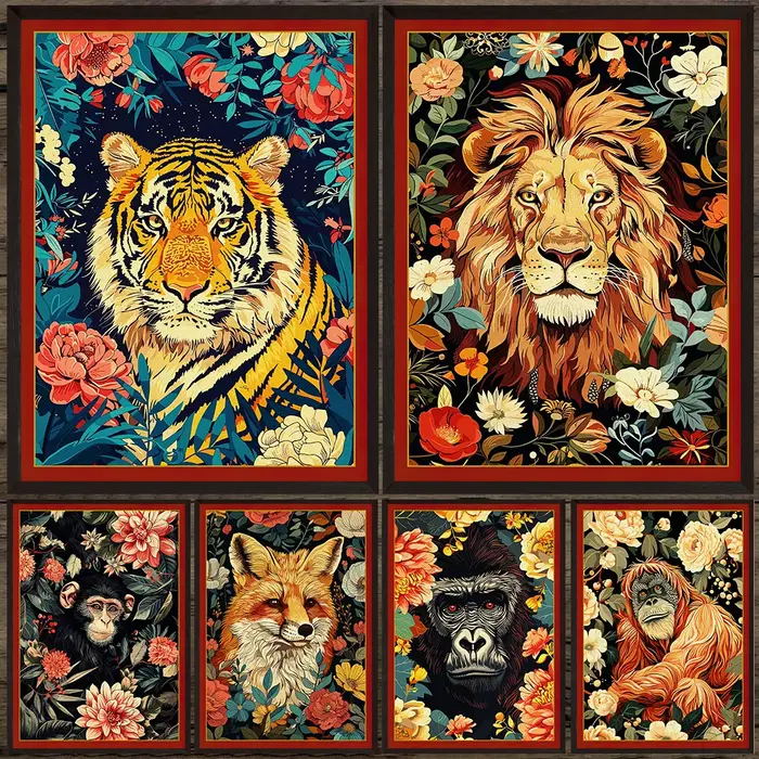 Toile d'art mural Vintage avec animaux dans les fleurs de la Jungle