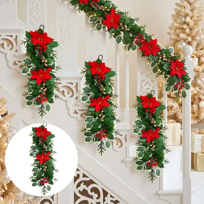 4 plantes artificielles, poinsettia, branche de pin, baies, décoration murale pour la maison et le jardin, décoration de Noël, plante verte artificielle.