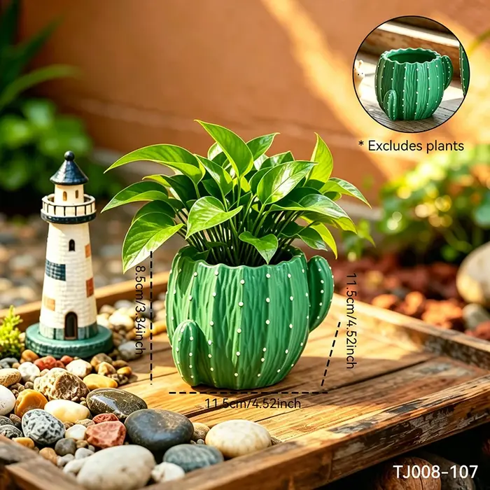 Petit pot de fleurs en résine en forme de cactus vert de dessin animé pour plantes succulentes