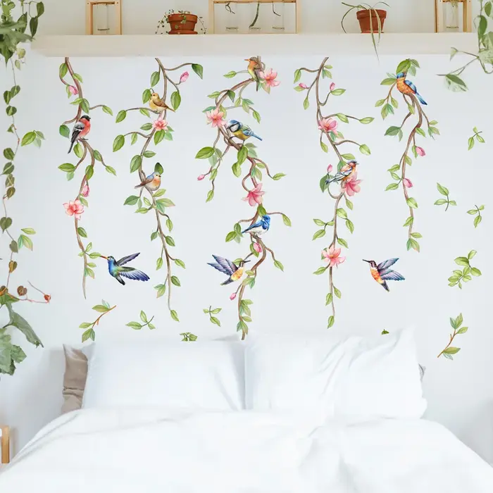 Autocollant mural Branches fleurs oiseaux