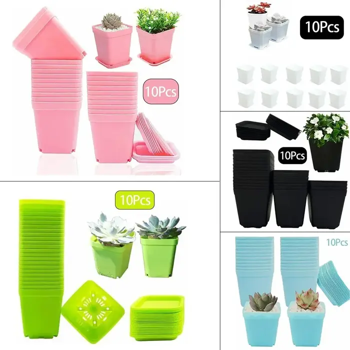 Ensemble de 10 pots de fleurs carrés en plastique avec trous de drainage et plateaux