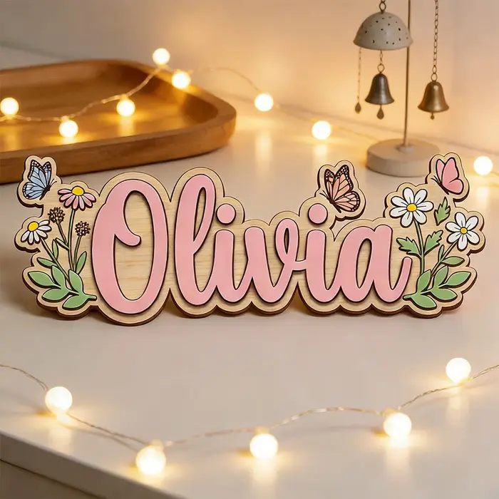 Plaque nominative personnalisée en bois avec marguerites et papillons pour chambre d'enfant, thème floral unique et charmant, cadeau à suspendre à la porte