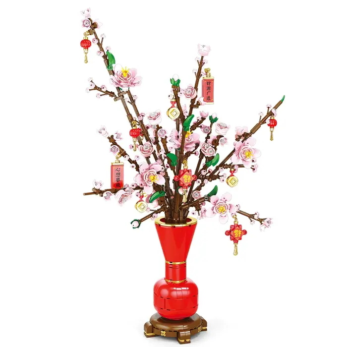 Ville créativité Bouquet de fleurs fleur de prunier bonsaï plante en pot blocs de construction modèle décoration de la maison jouet pour enfants cadeau ﻿