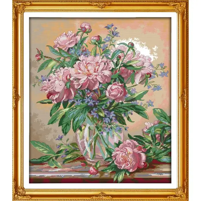 Vase à fleurs rose à motifs floraux, Kit Aida 14CT 11CT, points de croix, toile comptée, tissu impri