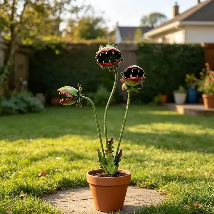 Piquet de jardin en métal en forme de plante carnivore