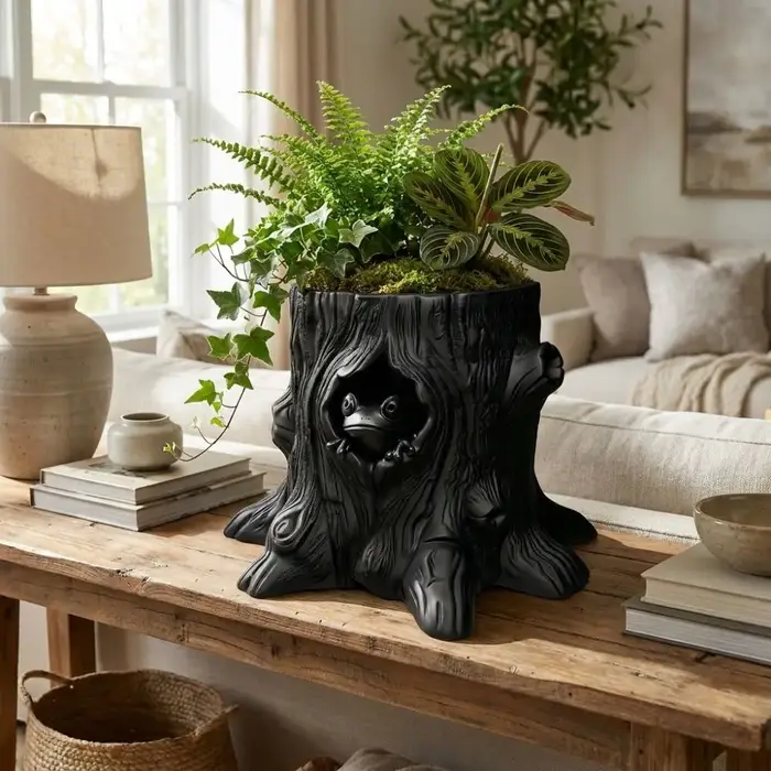 Pot de fleurs décoratif en forme de grenouille, imprimé en 3D, unique, en forme de tronc d'arbre, original, pour bureau.