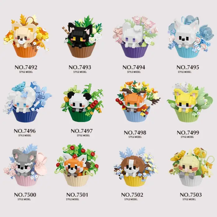 Ensemble de blocs de construction d'animaux et de plantes en pot