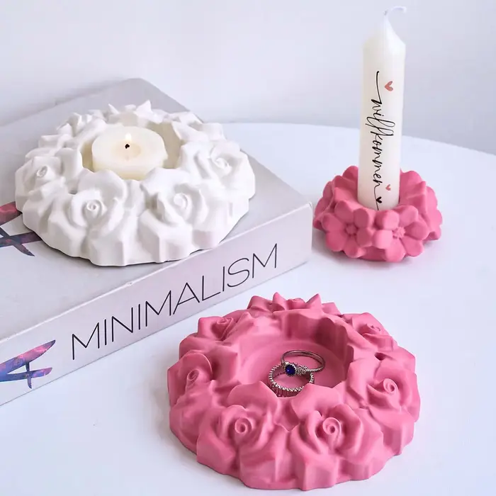 Moule en silicone pour bougeoir en forme de fleurs de cerisier et de roses, pour la fabrication artisanale de supports de bougies en plâtre et résine, moules de moulage pour la décoration intérieure