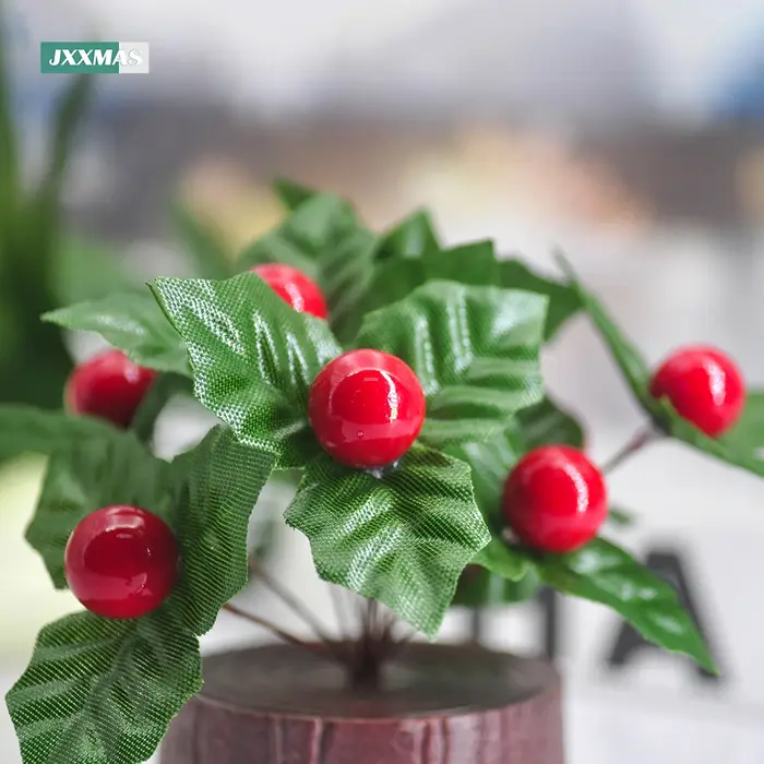 24 pièces feuille de houx artificielle baies cerise rouge petits fruits fleur de soie bricolage Bouquets de noël couronne fête de mariage décoration de la maison