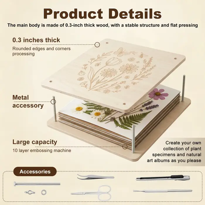 Kit de presse à fleurs 11"x11" DIY, kit professionnel de pressage de fleurs et de feuilles, outil de pressage de plantes en bois à 10 couches pour l'artisanat