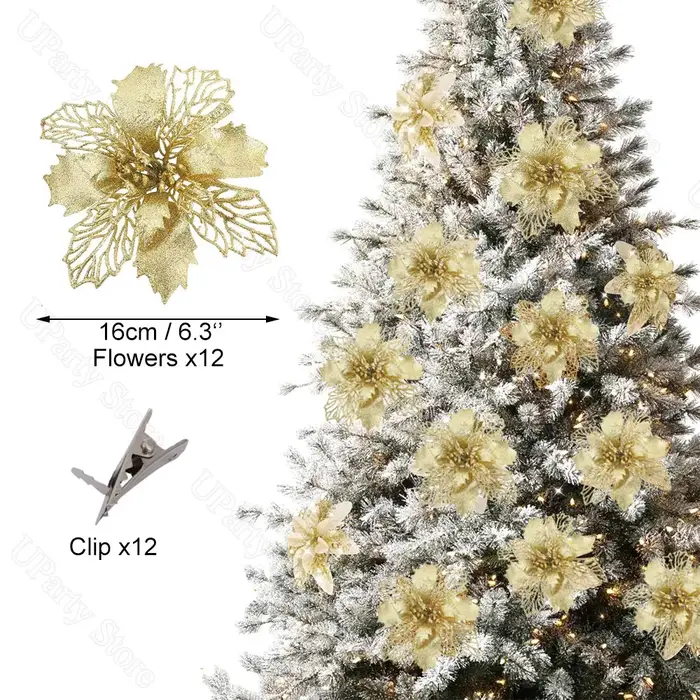 12 pièces Poinsettia fleurs de noël avec Clips paillettes or