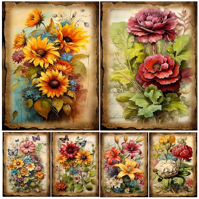 Botanical Junk Journal,Shabby Floral Art Poster and Print,Botanical Garden Vintage Wall Art Canvas Painting,Home Decor, Unframed