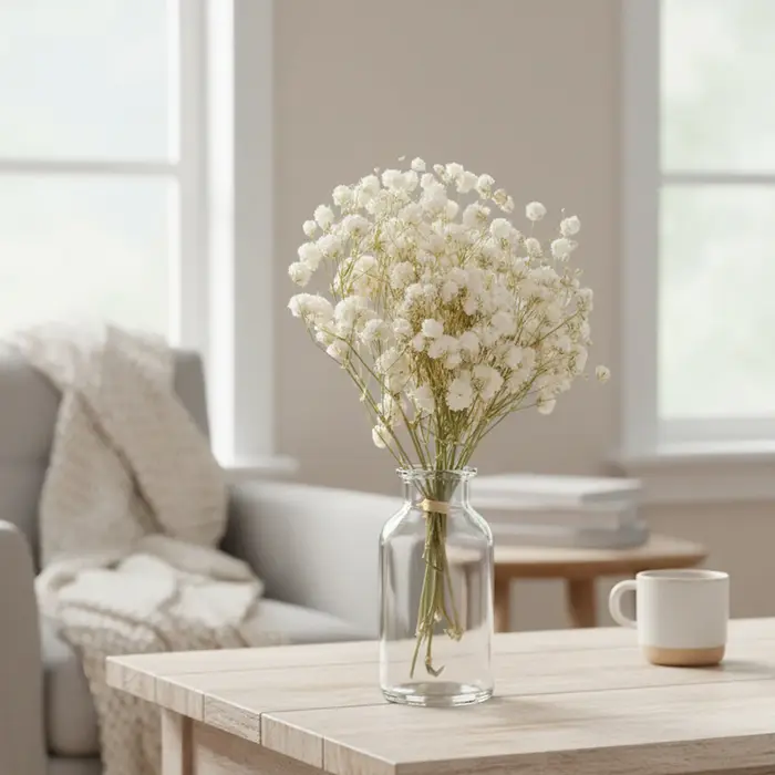 Mini bouquet de fleurs préservées avec gypsophile et herbe de l'amour pour la décoration de la maison et de mariage