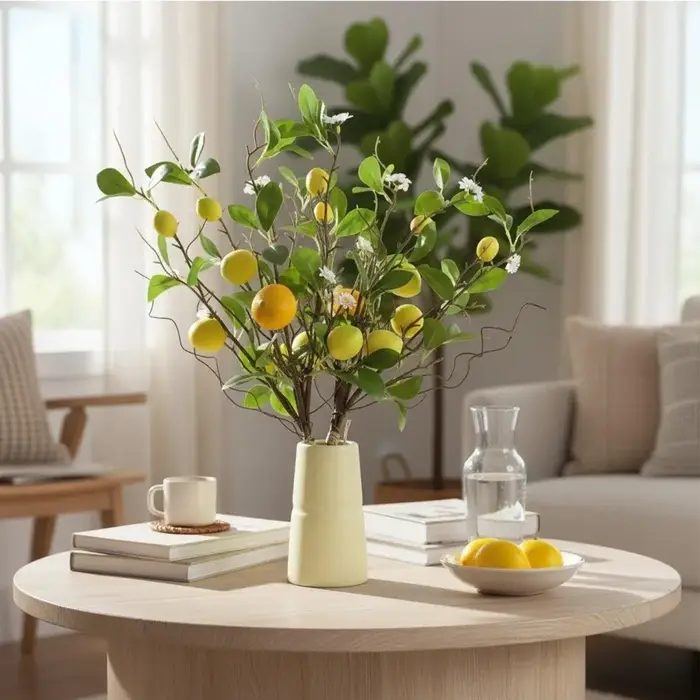 Branche de citron artificielle en plastique avec fleurs