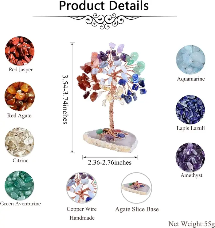 Mini arbre à argent en cristal enveloppé de fil de cuivre avec base en tranche d'agate