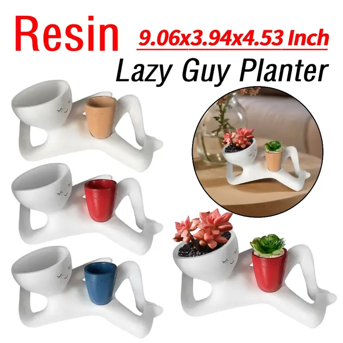 Pot de fleurs amusant en résine « Lazy Guy » avec trou de drainage, figurine unique allongée, pots à succulentes pour la décoration de la maison et du jardin