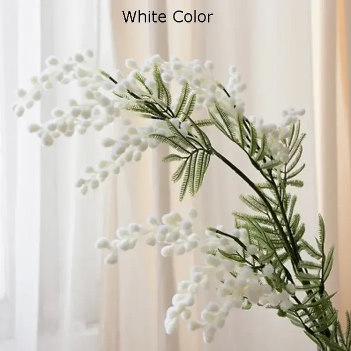 1 pièce, branche de fleur de mimosa artificielle blanche et jaune de 86 cm avec feuilles vertes, déc