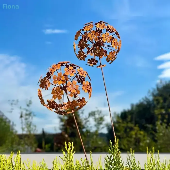 ☽ Piquets de jardin en métal rouillé en forme de pissenlit – Décoration
