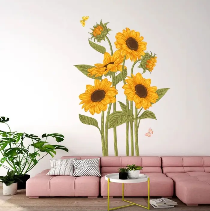 2 pièces d'autocollants muraux papillon tournesol pour salon, chambre à coucher, décoration, dos en 