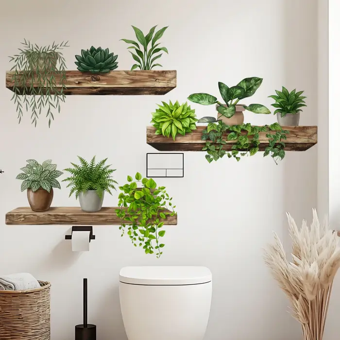 Autocollant mural en vinyle imperméable avec plantes vertes en pot pour la chambre à coucher