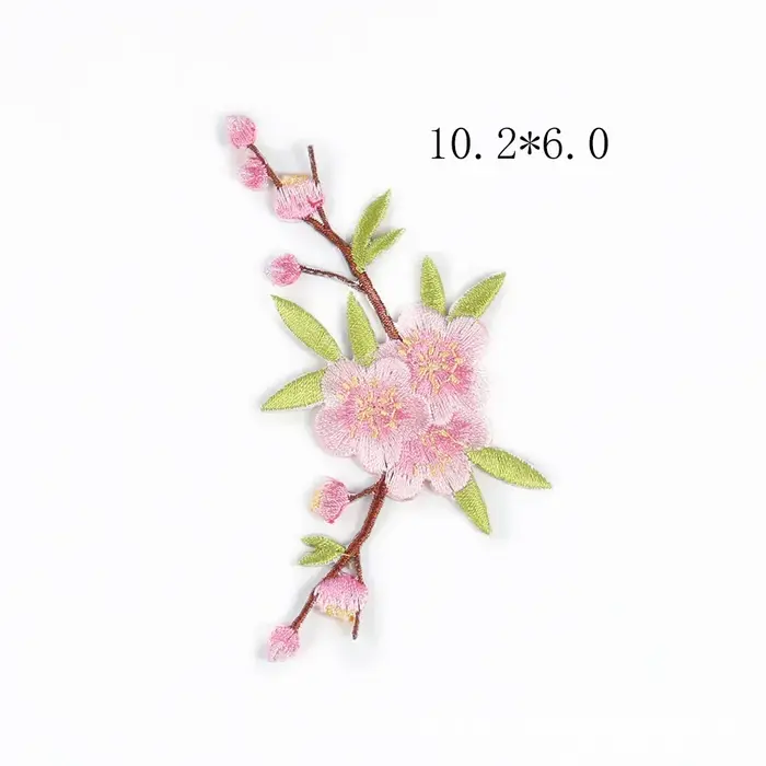 Appliques brodées de fleurs roses avec branche pour vêtements