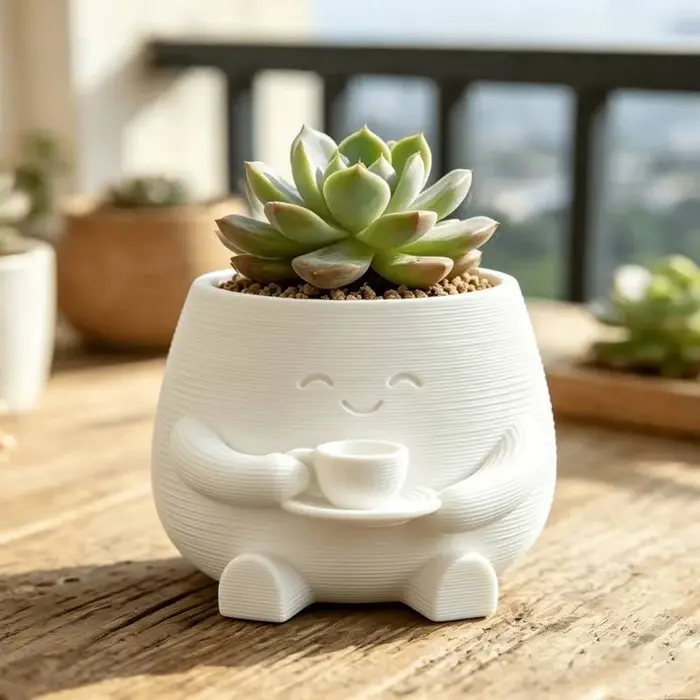 1PC Pot de fleurs succulentes en forme de tasse à café avec figurine souriante imprimée en 3D