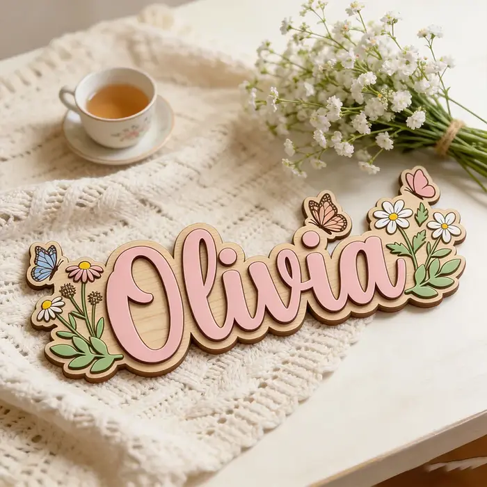 Plaque nominative personnalisée en bois avec marguerites et papillons pour chambre d'enfant, thème floral unique et charmant, cadeau à suspendre à la porte