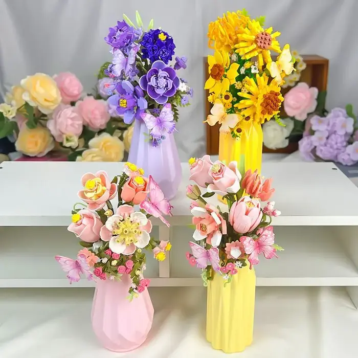 Blocs de construction de bouquets de fleurs avec vase