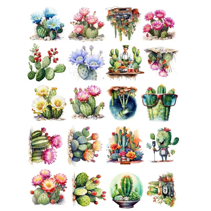 1 paquet d'autocollants mignons de cactus du désert dessinés à la main en aquarelle pour carnet
