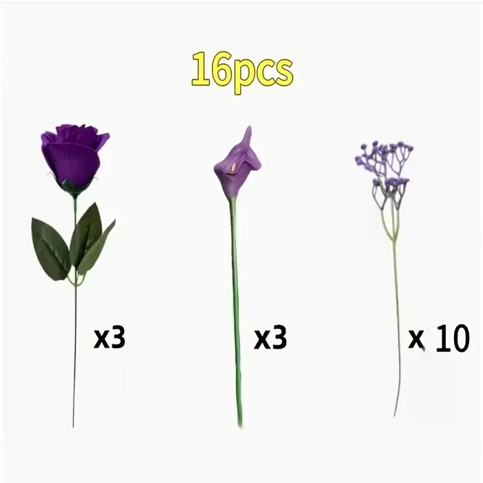 16 pièces (sans vase : 3 roses violettes + 3 lys calla violets + 10 fleurs de gypsophile violette) Bouquet de fleurs artificielles violettes, comprenant des roses violettes, des lys calla et des fleur