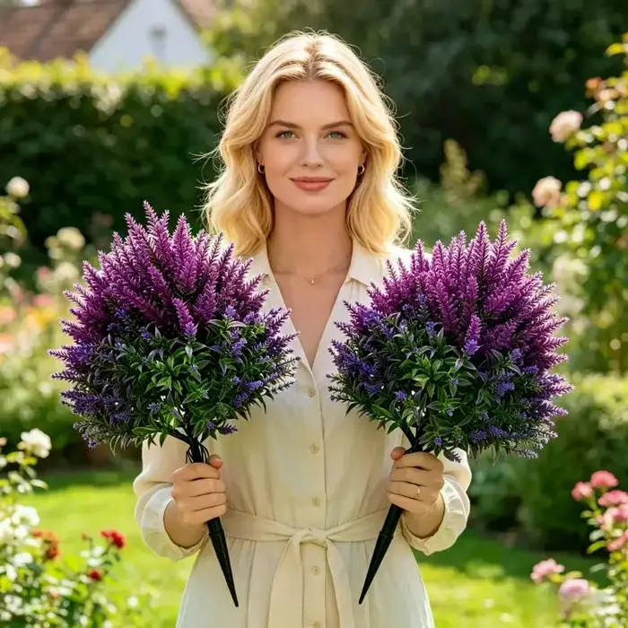 Plante artificielle en forme de lavande, fleur violette artificielle sur piquet pour jardin, cour, patio, pelouse, décoration extérieure