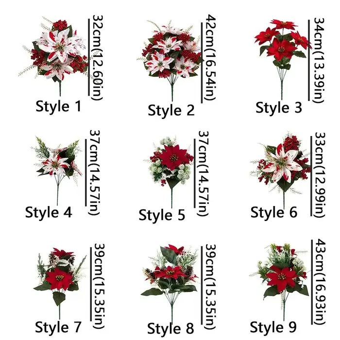 Bouquet de Poinsettias Artificiels Résistants aux UV, Feuilles Luxuriantes Réalistes, Baies de Poinsettia, Bouquet Floral, Aiguilles de Pin, Cônes de Pin