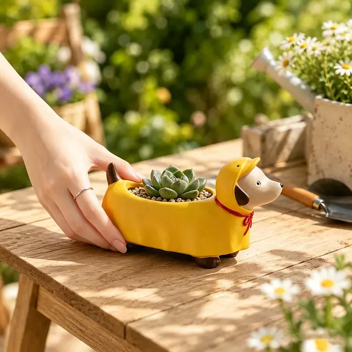 Pot de fleurs en résine en forme de teckel à capuche, pot de plantes miniature, décoration de bureau, balcon, maison, jardin, cadeau pour les amoureux des plantes