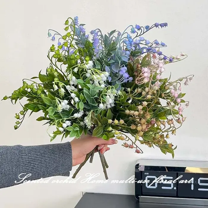 Bouquet de fleurs artificielles, 5 pièces, 5 fourches, lys du val, arrangement floral pour mariage, orchidée, décoration pour fête, maison, salon