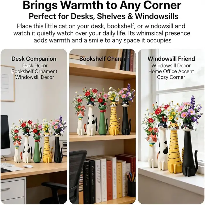 Vase à fleurs en résine artisanal fantaisie en forme de chat, ornement créatif moderne pour petites fleurs, décoration de bureau et d'étagère