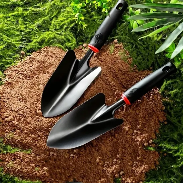 Truelle de jardin en métal avec poignée noire ergonomique et bordure orange – Outil parfait pour la plantation de fleurs et de légumes