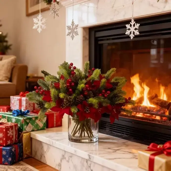 3 pièces de poinsettias artificiels réalistes avec baies rouges et feuillage vert pour décoration de couronne de mariage ou de fête à domicile.